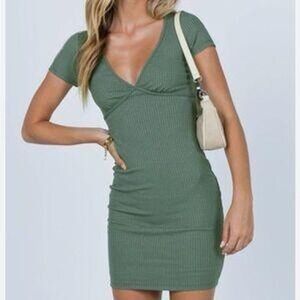 Princess Polly Ribbed Knit‎ Mini Dress Olive Green Short Sleeve V Neck Fitted